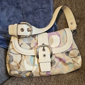 NWOT Coach Watercolor Floral Canvas Shoulder Bag with Cream Leather